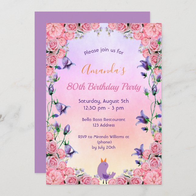 Invitación 80 años fiesta de té flores violeta rosa lindo (Anverso / Reverso)