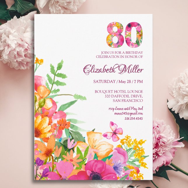 Invitación 80 Años Flores Mariposas Cumpleaños 80 (Subido por el creador)