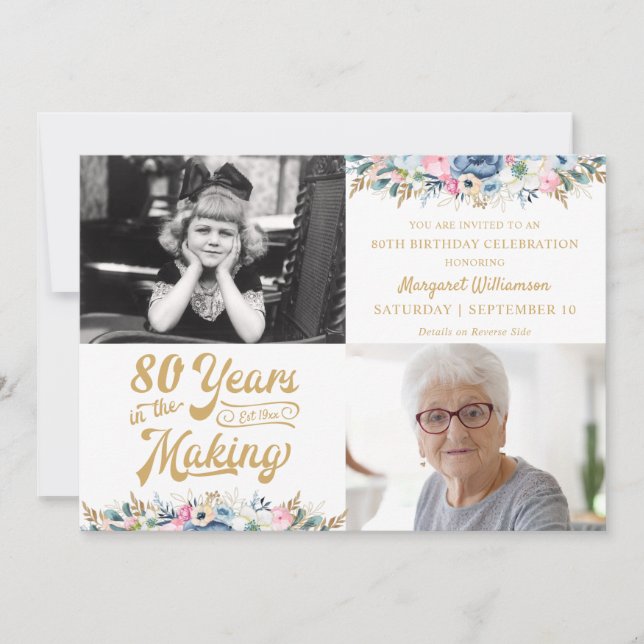 Invitación 80 años o cualquier año de cumpleaños en la florac (Anverso)