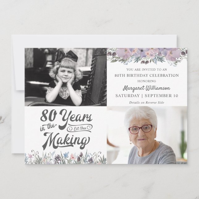 Invitación 80 años o cualquier año de floración de cumpleaños (Anverso)