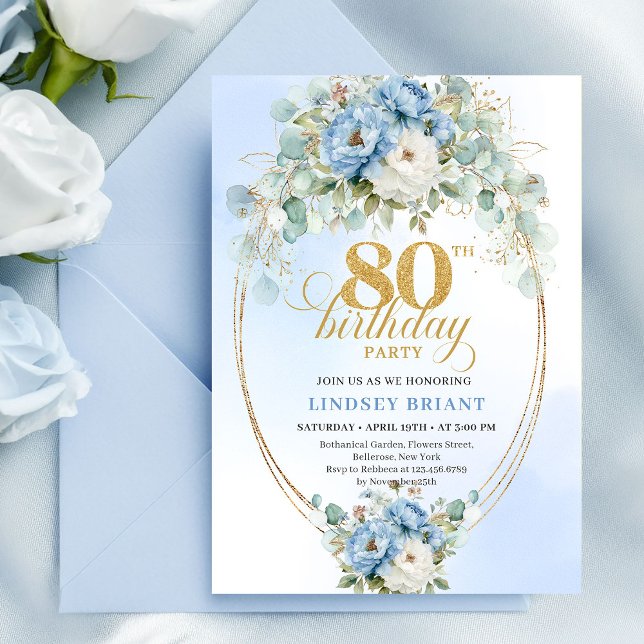 Invitación 80 Blue Peonies Eucalyptus Greenery Gol (Blue Peonies Eucalyptus Greenery Gold 80th Invite)