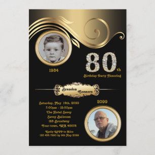 Invitación 80, Cumpleaños 80, Art Déco, Oro Negro