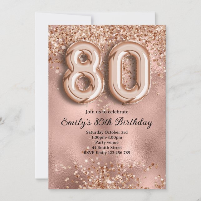 Invitación 80 cumpleaños con brillo de oro rosa (Anverso)