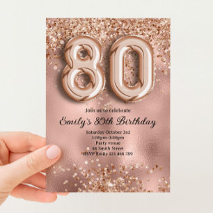 Invitación 80 cumpleaños con brillo de oro rosa