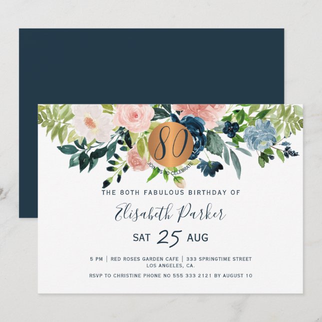 Invitación 80 cumpleaños con flores de acuarela de la marina  (Anverso / Reverso)