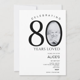 Invitación 80° cumpleaños con foto en número, blanco y negro