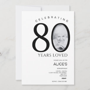 Invitación 80° cumpleaños con foto en número, blanco y negro