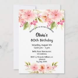 Invitación 80 cumpleaños coral dahlia flores rosa pastel