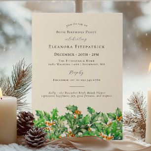 Invitación 80 cumpleaños Diciembre Nacimiento Mes Flor Holly