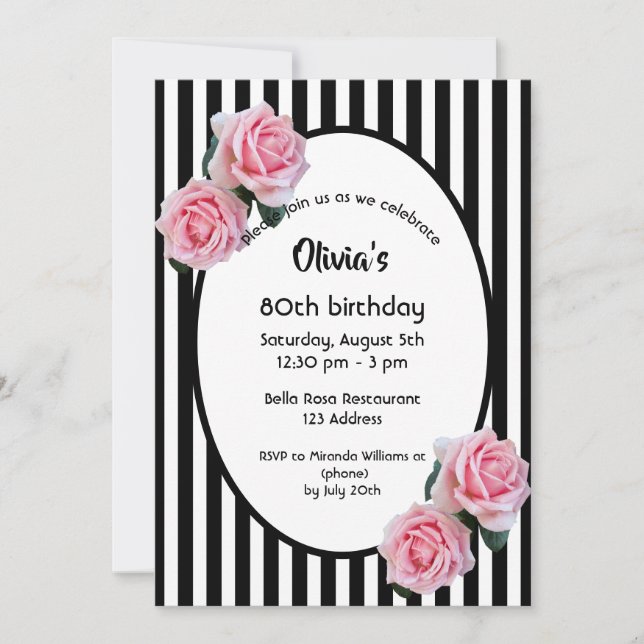 Invitación 80 cumpleaños fiesta de rosas rosas rosas negras r (Anverso)