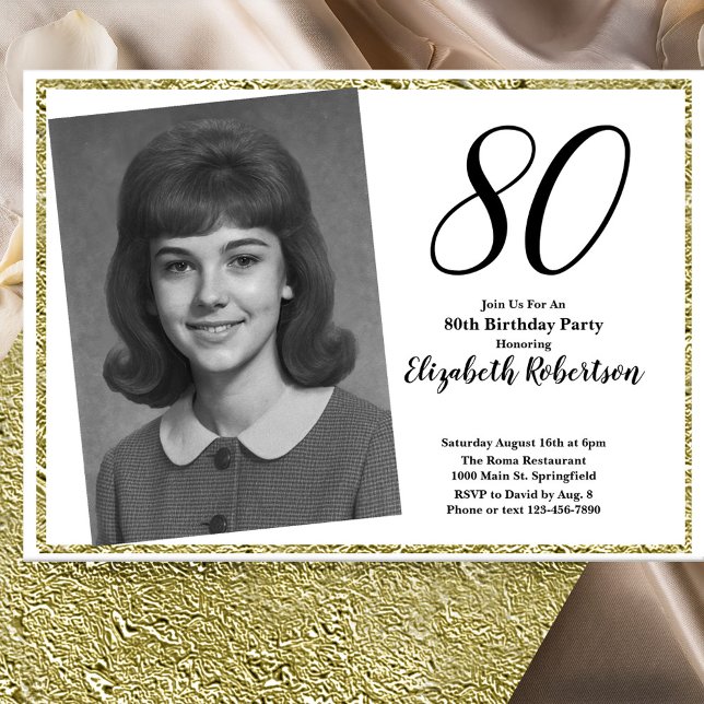 Invitación 80 Cumpleaños Foto Personalizada Blanco y Dorado  (Subido por el creador)