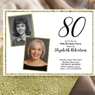 Invitación 80 Cumpleaños Foto Personalizada Blanco y Dorado