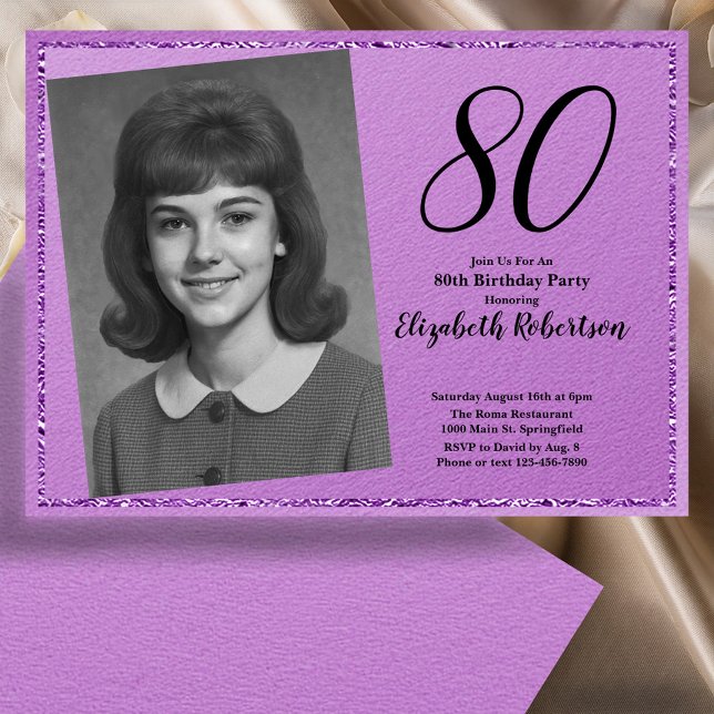 Invitación 80 Cumpleaños Foto Personalizada Morado y Negro (Subido por el creador)