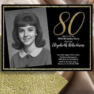 Invitación 80 Cumpleaños Foto Personalizada Negro y Dorado