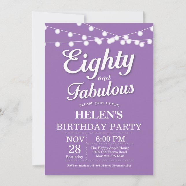 Invitación 80 cumpleaños Morado Fabuloso (Anverso)