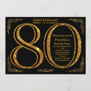 Invitación 80 cumpleaños, ochenta, grandes Gatsby, negro y or