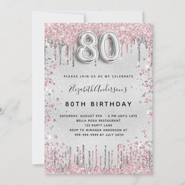 Invitación 80 cumpleaños plata purpurina rosa metalizado polv (Anverso)
