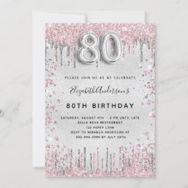 Invitación 80 cumpleaños plata purpurina rosa metalizado polv