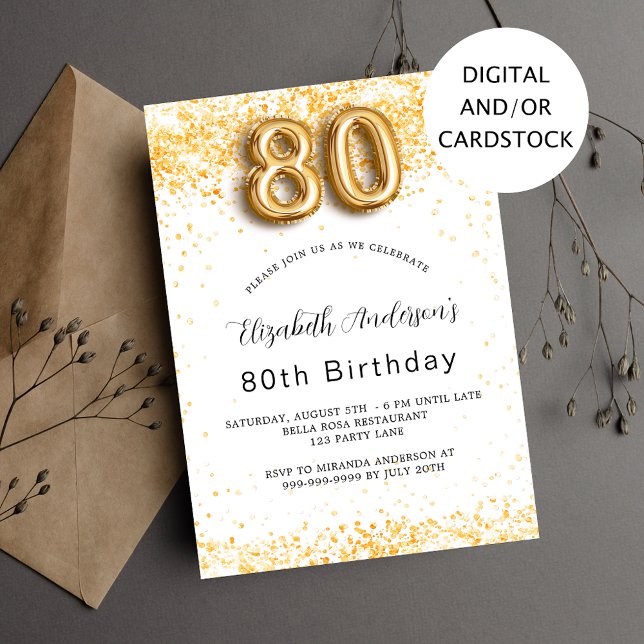 Invitación 80 cumpleaños purpurina de oro blanco elegante (Subido por el creador)