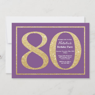 Invitación 80 cumpleaños purpurina púrpura y dorad