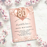 Invitación 80 cumpleaños rosa globos sonoros elegante<br><div class="desc">Por un elegante cumpleaños número 80. Un fondo dorado rosa. Decorada con oro rosa,  chispas de imitación rosada y globos. Personalice y agregue un nombre y detalles del fiesta. El nombre está escrito con un guión de estilo con letras a mano,  número 80 con fuentes de estilo globo.</div>