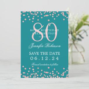 Invitación 80 Cumpleaños Rosa Oro Fecha de Ahorro Confetti Tu
