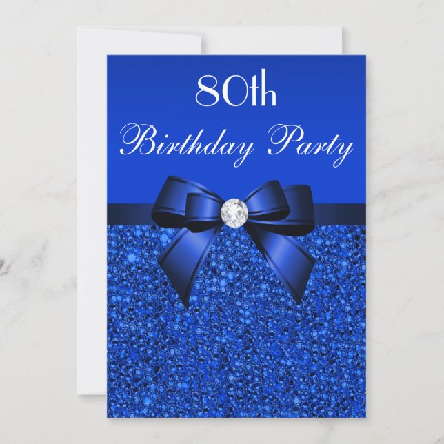 Invitación 80° cumpleaños Royal Blue Sequins Bow y Diamond (Anverso)