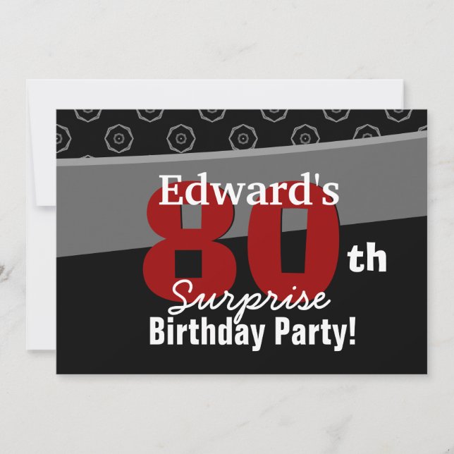 Invitación 80° cumpleaños sorpresa blanco negro horizontal (Anverso)
