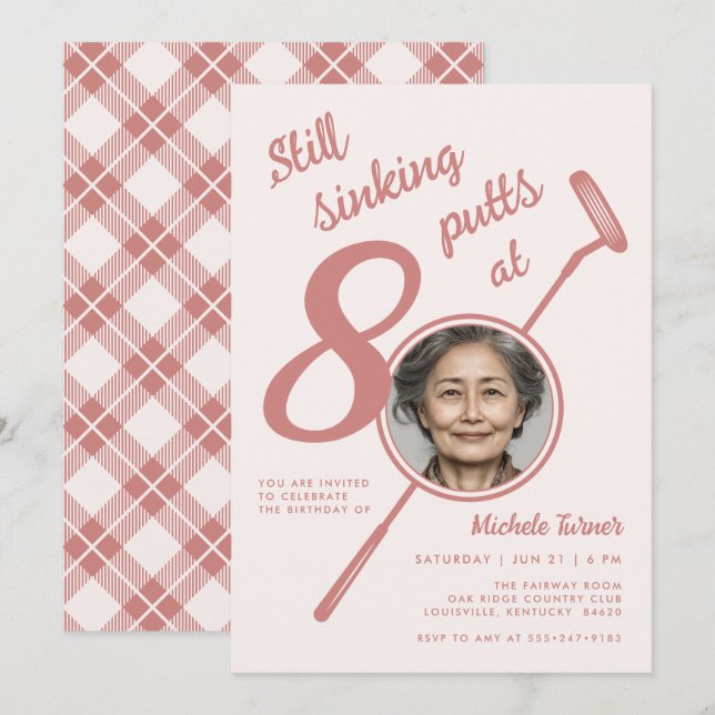 Invitación 80 cumpleaños tema golf foto moderno rosa (Anverso / Reverso)