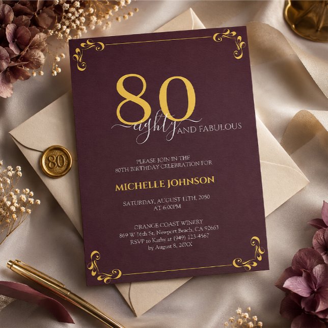 Invitación 80 & Fabuloso Cumpleaños Borgoña Blanco y Dorado (Subido por el creador)