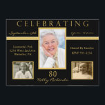 Invitación 80° Fiesta de Cumpleaños Tri Fotografías Invitadas<br><div class="desc">A tus invitados les encantará esta invitación personalizada, dorada y negra para la fiesta de 80 años, con elegantes fotos tricográficas de oro, colocadas en un fondo negro. Sencilla pero festiva, la elegante, moda, clásica y elegante invitación a la fiesta de cumpleaños número 80 es una manera apropiada de celebrar...</div>