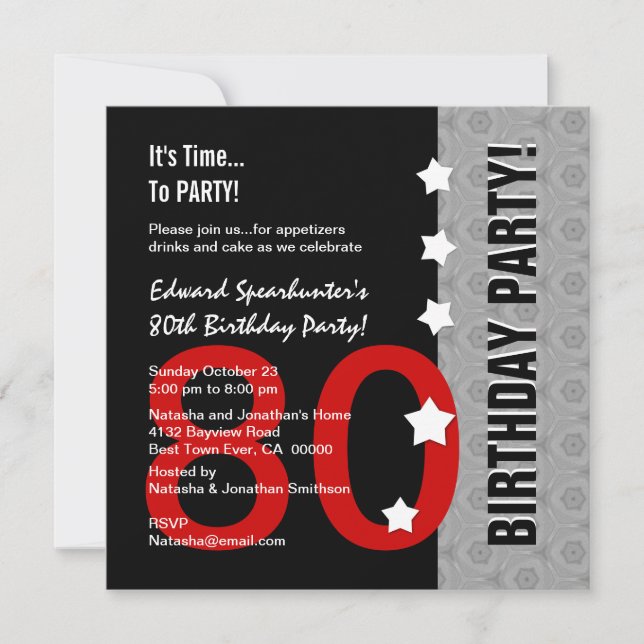 Invitación 80.o Cumpleaños D845F divertido negro de plata (Anverso)