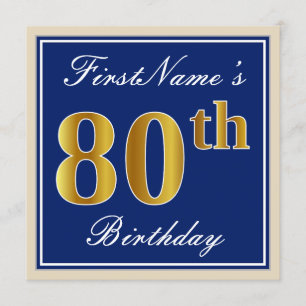 Invitación 80.o cumpleaños del oro elegante, azul, falso +