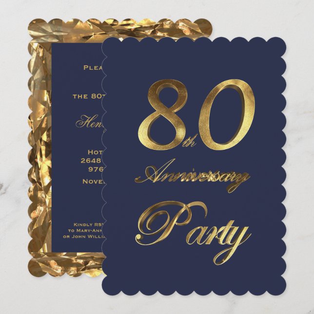 Invitación 80.o Oro del aniversario del cumpleaños elegante (Anverso / Reverso)