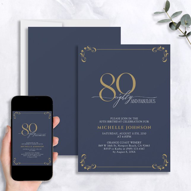 Invitación 80 y fabulosa caligrafía azul y oro Cumpleaños (Subido por el creador)