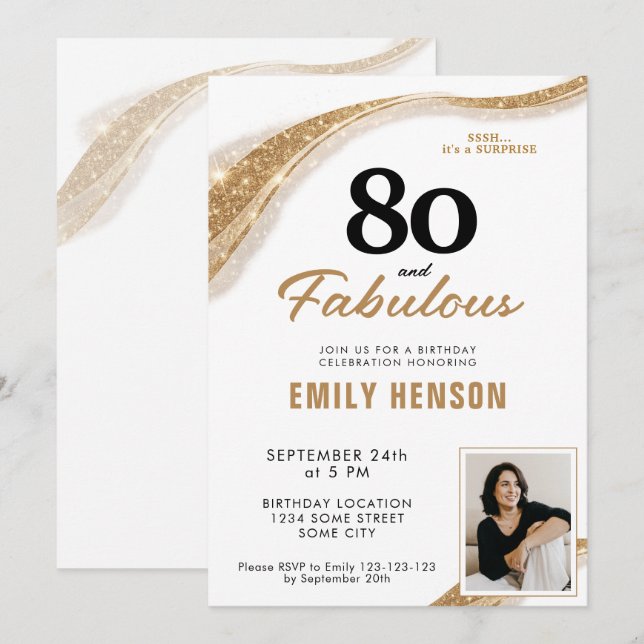 Invitación 80 y Fabuloso Cumpleaños 80 Dorados (Anverso / Reverso)