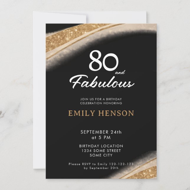 Invitación 80 y Fabuloso Cumpleaños de Oro Negro (Anverso)