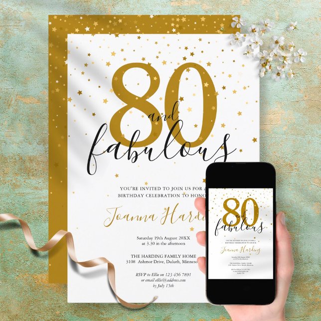 Invitación 80 y fabuloso elegante oro y cumpleaños negro (Subido por el creador)