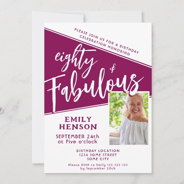 Invitación 80 y fabuloso guión Magenta foto 80 cumpleaños (Anverso)