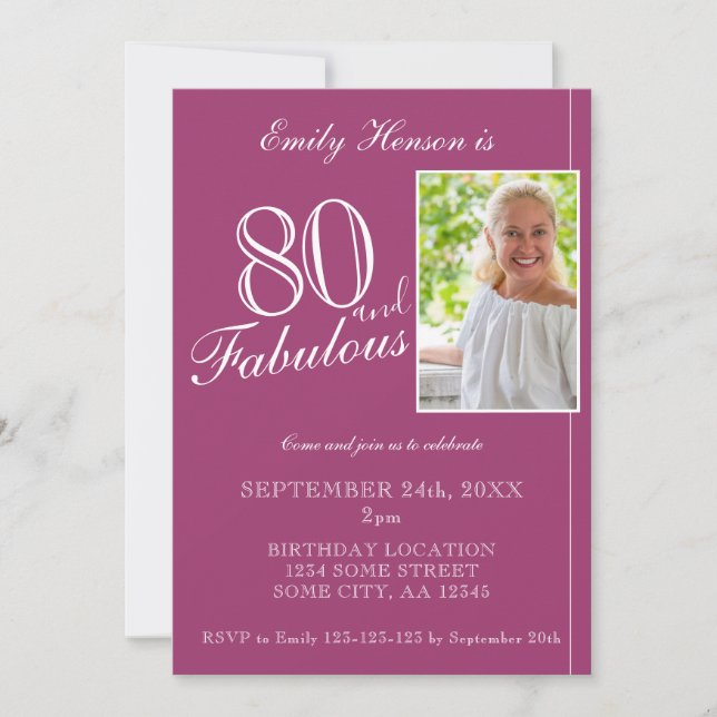 Invitación 80 y Fabulous Elegant Purple Photo Birthday (Anverso)
