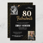 Invitación 80 y Fabulous Gold Purpurina 2 Photo 80th Birthday<br><div class="desc">80 y Fabulous Gold Purpurina 2 Photo 80th Birthday Surprise Party Invitación. Moderna y elegante invitación de cumpleaños negra y falsa purpurina de oro para ella. Añade tus fotos - puedes usar una foto antigua y una nueva. Puede cambiar todo el texto.</div>