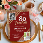 Invitación 80 y Fabulous Gold Purpurina 2 Photo 80th Birthday<br><div class="desc">80 y Fabulous Gold Purpurina 2 Photo 80th Birthday Surprise Party Invitación. Moderna y elegante invitación de cumpleaños roja y falsa purpurina de oro para ella. Añade tus fotos - puedes usar una foto antigua y una nueva. Puede cambiar todo el texto.</div>