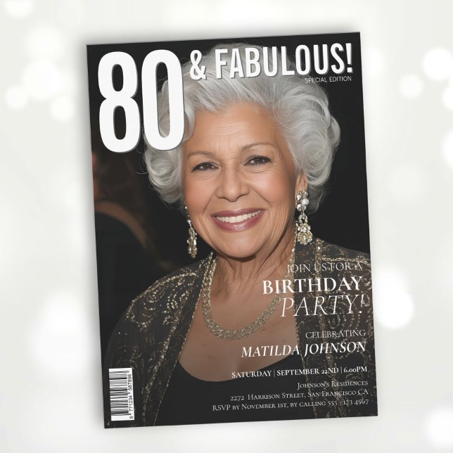 Invitación 80 y Fabulous Magazine tapa el cumpleaños 80 (80 and Fabulous Magazine Cover 80th Birthday Invitation)