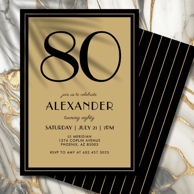 Invitación 80th Birthday Adult Black and Gold Modern Minimal  (Celebrate your 80th in bold, sophisticated style with this chic design.)