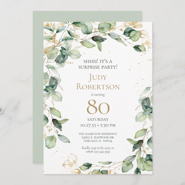 Invitación 80th Birthday Eucalyptus Surprise Birthday Party (Anverso / Reverso)
