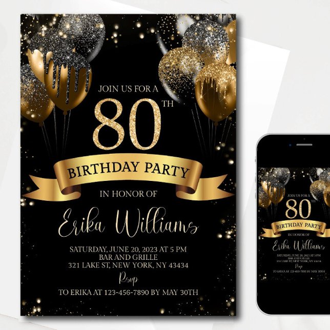 Invitación 80th Birthday Invitation Template: Black Gold Ball (Subido por el creador)