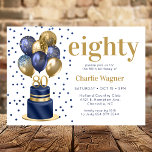 Invitación 80th Birthday Navy Blue Cake<br><div class="desc">This fabulous men's 80th birthday navy blue cake invitation featuring a 2-layer navy blue and gold cake with navy blue and gold balloons and the number 80 in gold would be perfect for celebrating your husband, brother, dad, friend, uncle, grandfather, great grandfather. It is traditional and classic while being fresh,...</div>