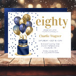 Invitación 80th Birthday Navy Blue Cake<br><div class="desc">This fabulous men's 80th birthday navy blue cake invitation featuring a 2-layer navy blue and gold cake with navy blue and gold balloons and the number 80 in gold would be perfect for celebrating your husband, brother, dad, friend, uncle, grandfather, great grandfather. It is traditional and classic while being fresh,...</div>