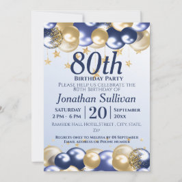 Invitación 80th Birthday Navy Gold Balloons Party