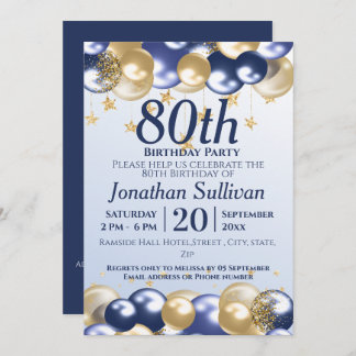 Invitación 80th Birthday Navy Gold Balloons Party